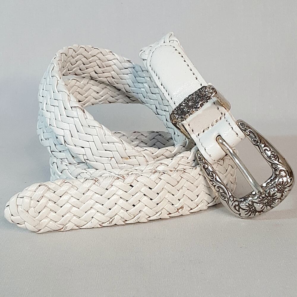 💎Talbots Southwestern Powder White Braided Genuine Leather Skinny Belt Lg Waist